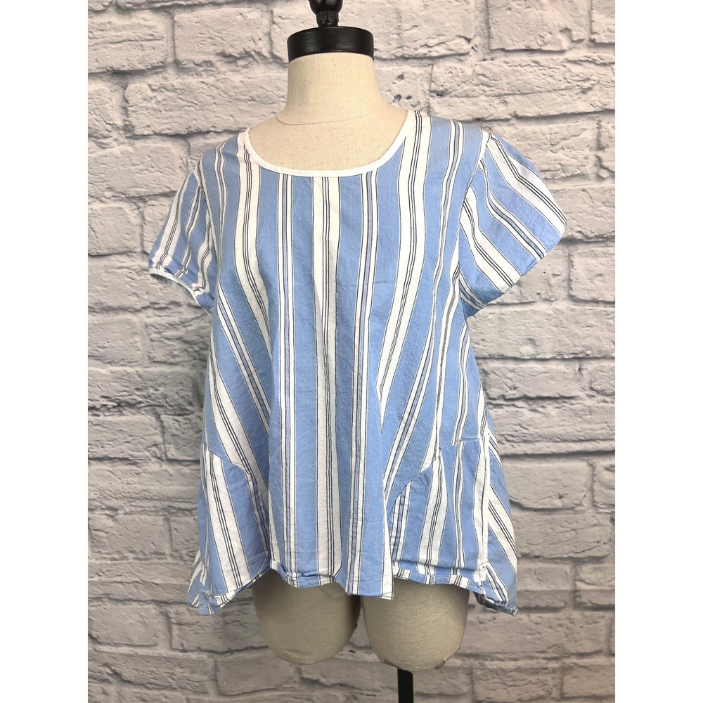Tulip Stripe Blouse Women XS Blue Excellent Cotton Short Sleeve Side Pocket Top